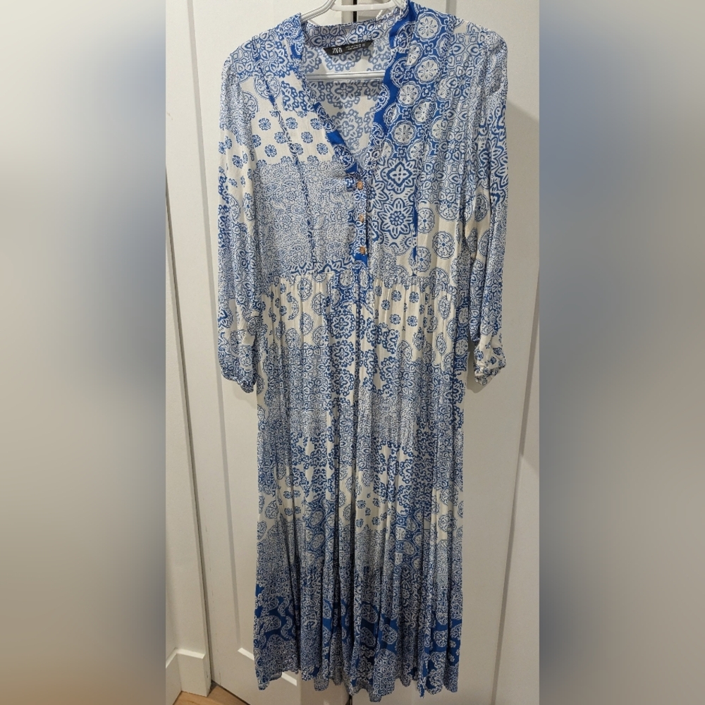 Zara Blue Floral Balloon Sleeve V-Neck Maxi Dress